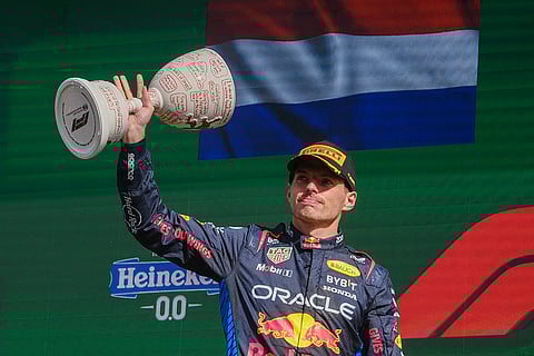 Dutch Grand Prix 2024: Red Bull driver Max Verstappen of the Netherlands celebrates on the podium after placing second